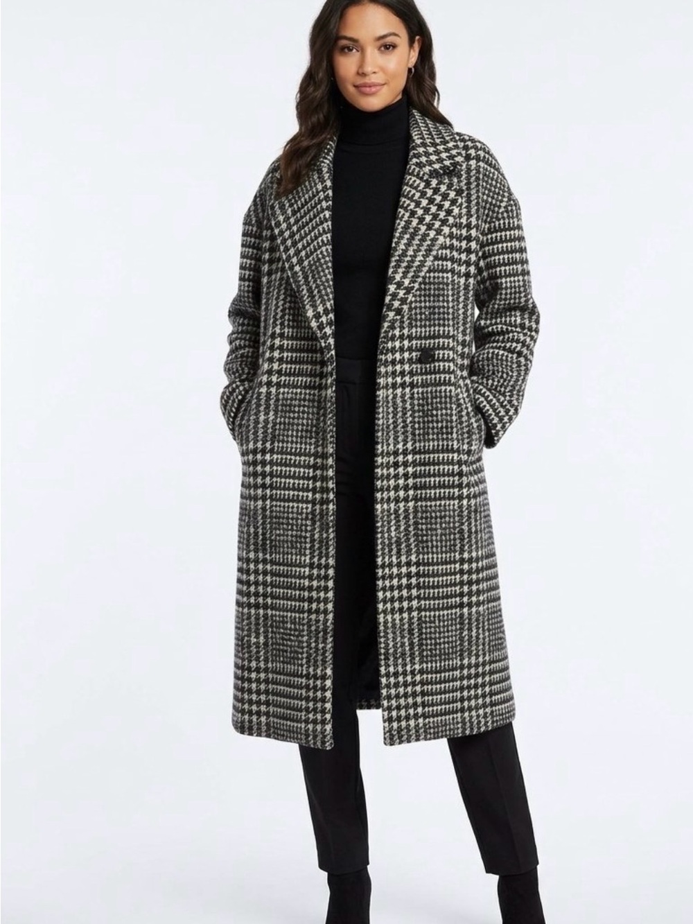 Zara Black & White Checked Long Trench Coat